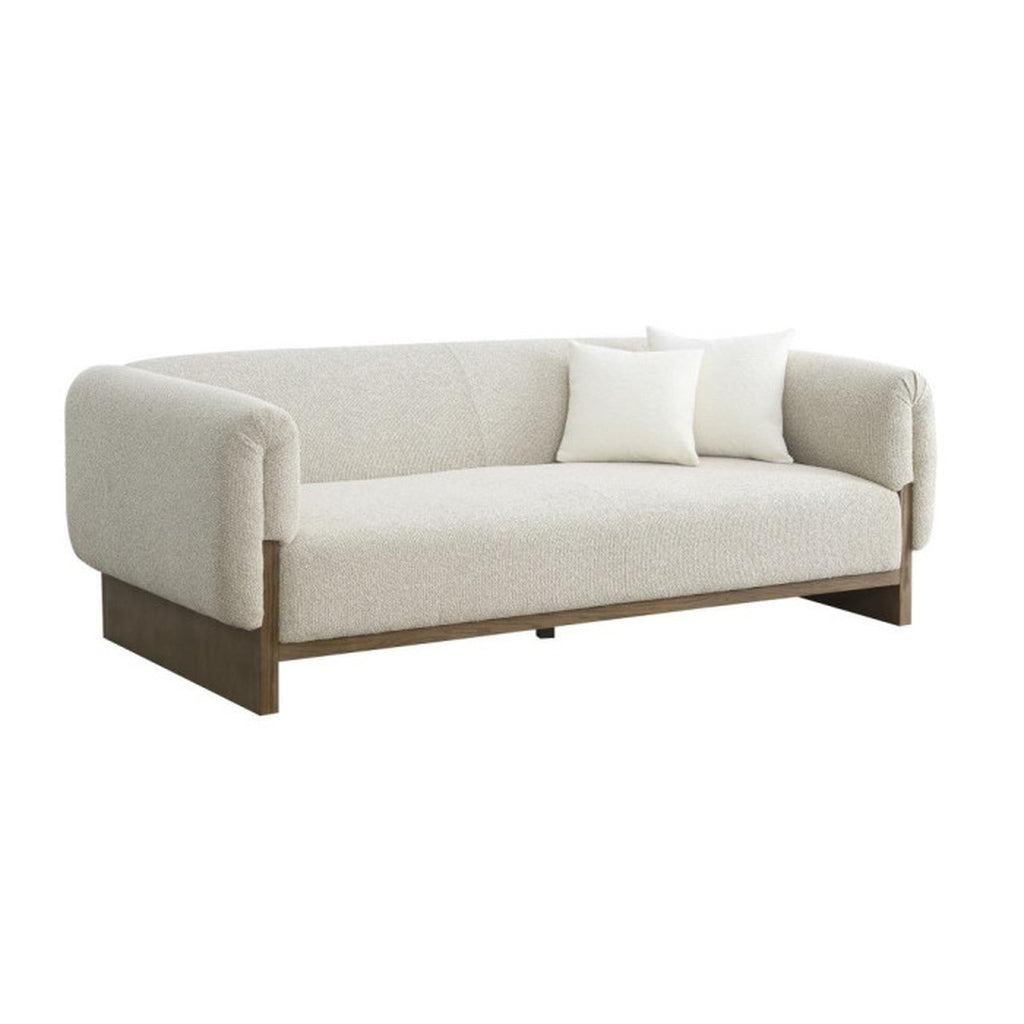 Bouclé-Sofa in Crudo mit Boj-Holzrahmen, modernes Designsofa 220×95×77 cm.