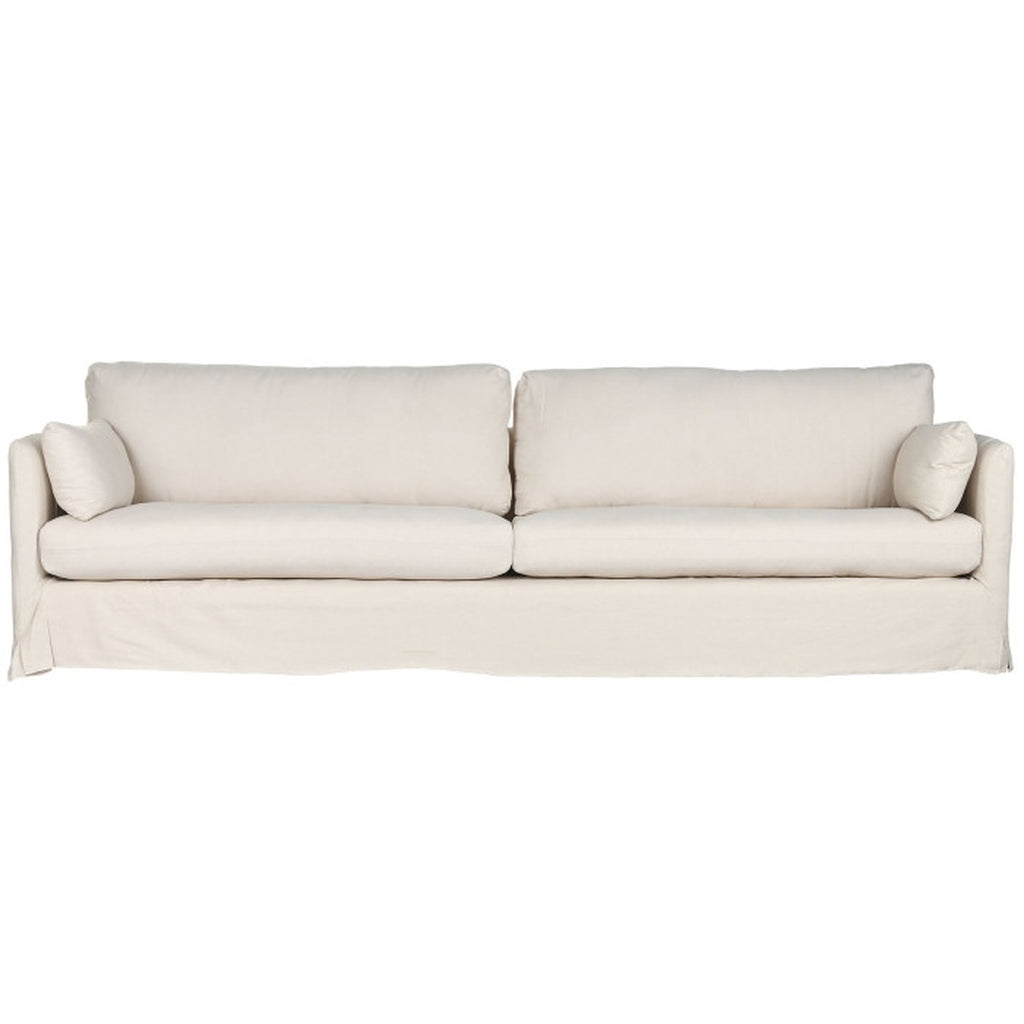 Beiges Sofa aus Leinen und Baumwolle mit zwei Kissen, 270×86×80 cm.